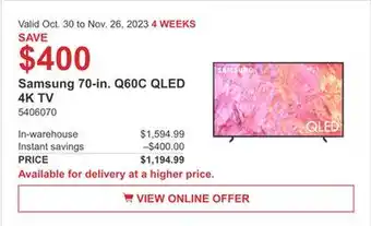 Costco Samsung 70-in. q60c qled 4k tv offer