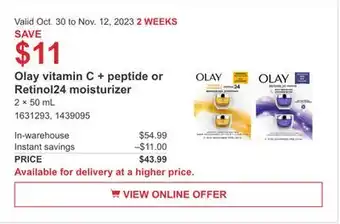 Costco Olay vitamin c+ peptide or retinol24 moisturizer offer