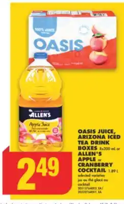 No Frills Oasis juice, arizona iced tea drink boxes, 8x200 ml or allen's apple or cranberry cocktail, 1.89 l offer