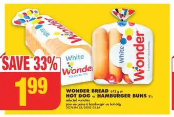 No Frills Wonder bread, 675 g or hot dog or hamburger buns, 8's offer