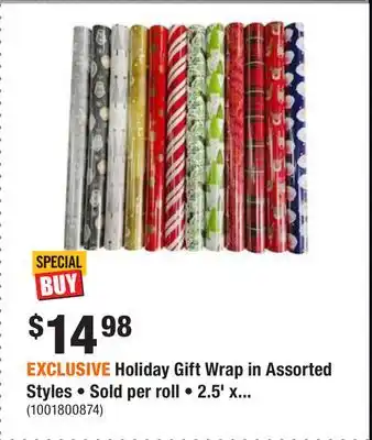 Home Depot Exclusive holiday gift wrap in assorted styles • sold per roll • 2.5' x 120' offer