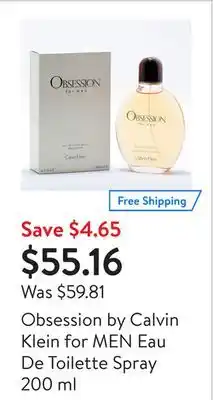 Walmart Obsession by calvin klein for men eau de toilette spray 200 ml offer