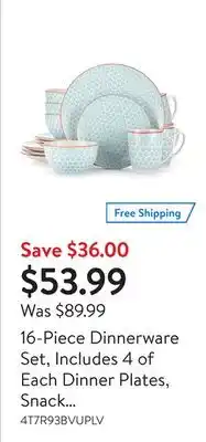 Walmart 16-piece dinnerware set, includes 4 of each dinner plates, snack plates, cereal bowls and mugs offer