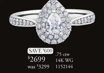 Charm Diamond Glacier fire 14k white gold pear shaped canadian diamond 0.75ctw bridal ring offer