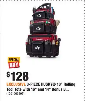 Home Depot Exclusive 3-piece husky 18 rolling tool tote with 16 and 14 bonus bag combo offer