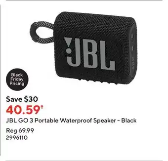 Staples Jbl go 3 portable waterproof speaker - black offer