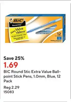 Staples Bic round stic extra value ballpoint stick pens, 1.0mm, blue, 12 pack offer