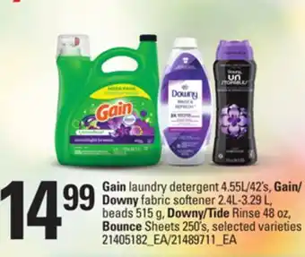 Loblaws Gain laundry detergent, 4.55l/42's, gain/ downy fabric softener, 2.4l-3.29 l, beads, 515 g, downy/tide rinse, 48 oz, bounce s offer