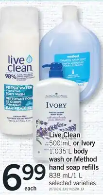 Fortinos Live clean 500 ml or ivory 1.035 l body wash or method hand soap refills 838 ml/1 l offer
