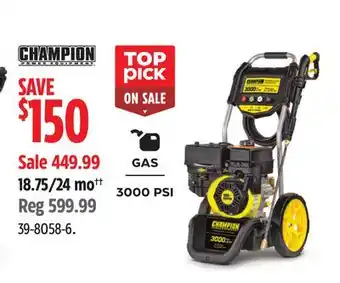 Canadian Tire Champion 3000 psi 2.5 gpm 196cc engine cold water wheeled gas pressure washer offer