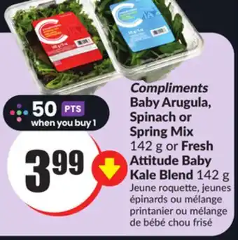 FreshCo Compliments baby arugula, spinach or spring mix 142 g or fresh attitude baby kale blend 142 g offer