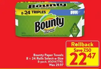 Walmart Bounty paper towels 8 = 4 rolls select-a-size offer