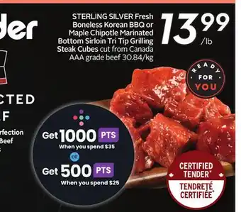 Sobeys Fresh boneless korean bbq or maple chipotle marinated bottom sirloin tri tip grilling steak cubes offer