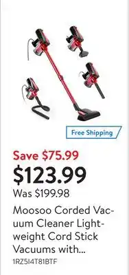 Walmart Moosoo corded vacuum cleaner lightweight cord stick vacuums with soft tube for hardwood floor offer