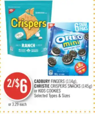 Shoppers Drug Mart Cadbury fingers (114g). christie crispers snacks (145g) or kids cookies offer