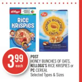 Shoppers Drug Mart Post honey bunches of oats, kellogg's rice krispies pc cereal offer