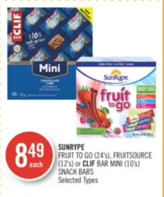 Shoppers Drug Mart Sunrype fruit to go (24's), fruitsource (12's) or clif bar mini (10's) snack bars offer