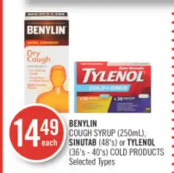 Shoppers Drug Mart Benylin  cough syrup (250ml), sinutab (48's) or tylenol (36's - 40's) cold products offer