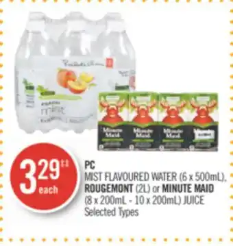 Shoppers Drug Mart Pc mist flavoured water (6 x 500ml), rougemont (2l) or minute maid (8 x 200ml - 10 x 200ml) juice offer