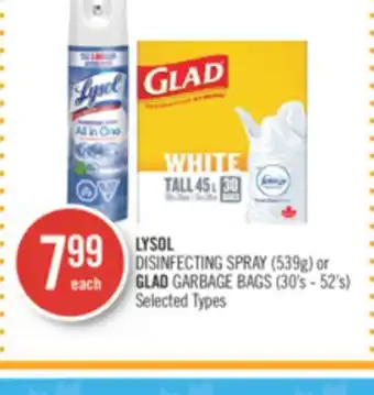 Shoppers Drug Mart Lysol disinfecting spray (539g) or glad garbage bags (30's - 52's) offer