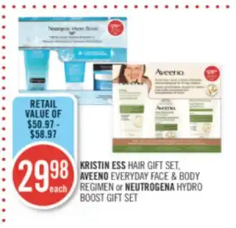 Shoppers Drug Mart Kristin ess hair gift set, aveeno everyday face & body regimen or neutrogena hydro boost gift set offer