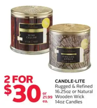 Rexall Candle-lite rugged & refined 16.25oz or natural wooden wick 14oz candles offer