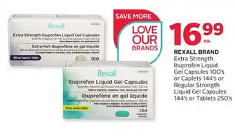 Rexall Rexall brand extra strength ibuprofen liquid gel capsules 100' s or caplets 144' s or regular strength liquid gel capsules 14 offer