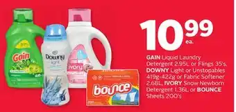 Rexall Gain liquid laundry detergent 2.95l or flings 35' s, downy light or unstopables 419g-422g or fabric softener 2.68l, ivory sno offer