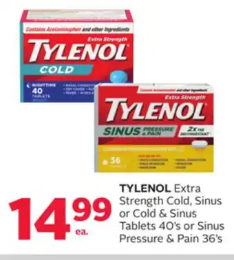 Rexall Tylenol extra strength cold, sinus or cold & sinus tablets 40's or sinus pressure & pain 36's offer