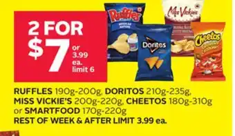 Rexall Ruffles 190g-200g, doritos 210g-235g, miss vickie's 200g-220g, cheetos 180g-310g or smartfood 170g-220g offer