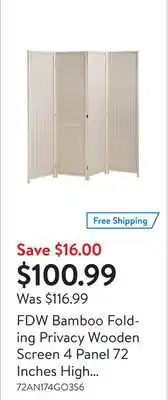 Walmart Fdw bamboo folding privacy wooden screen 4 panel 72 inches high 17.7 inches wide divider for living room bedroom study,natura offer
