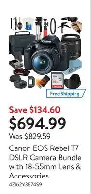 Walmart Canon eos rebel t7 dslr camera bundle with 18-55mm lens & accessories offer