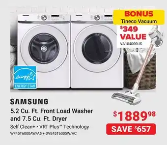 Visions Electronics Samsung 5.2 cu. ft. front load washer and 7.5 cu. ft. dryer offer