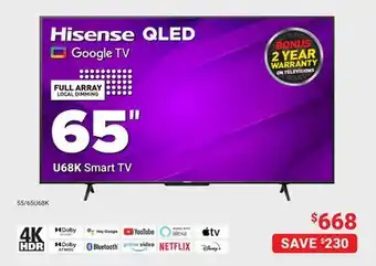 Visions Electronics Hisense u68k smart tv 65 offer