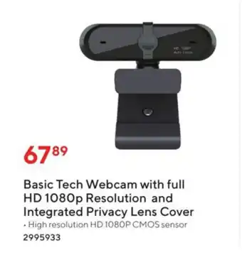 Staples Basuic Tech Webcam With Full HD 1080p Resolution and Integrated Privacy Lens Cover offer