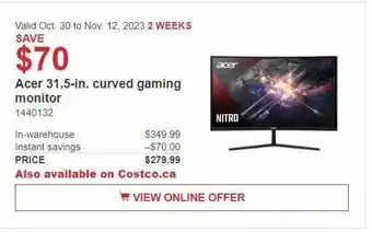 Costco Acer 31.5'' curved gaming monitor offer