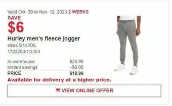 Costco Hurley men's fleece jogger offer