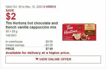 Costco Tim Hortons hot chocolate and french vanilla cappuccino mix 30×28g offer