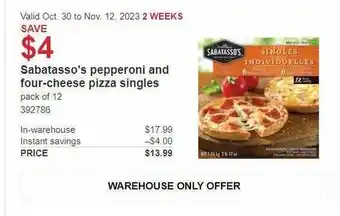 Costco Sabatasso's pepperoni and four-cheese pizza singles offer