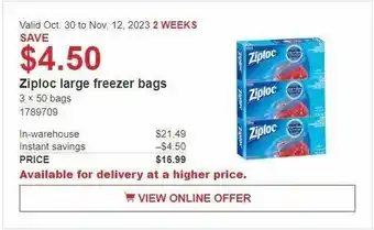 Costco Ziploc large freezer bags offer