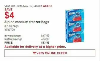Costco Ziploc medium freezer bags offer