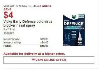 Costco Vicks Early Defence cold virus blocker nasal spray offer