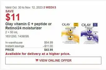 Costco Olay vitamin C + peptide or Retinol24 moisturizer offer