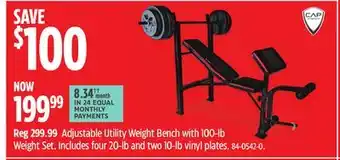 Canadian Tire Cap barbell adjustable utility weight bench with 100-lb weight set offer