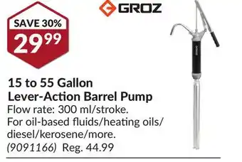 Princess Auto 15 to 55 gallon lever-action barrel pump offer