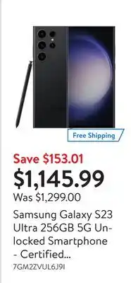Walmart Samsung galaxy s23 ultra 256gb 5g unlocked smartphone - certified refurbished offer