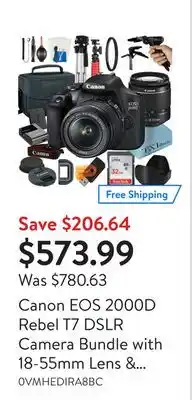 Walmart Canon eos 2000d rebel t7 dslr camera bundle with 18-55mm lens & accessories offer