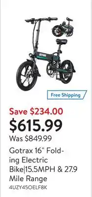 Walmart Gotrax 16 folding electric bike|15.5mph & 27.9 mile range offer