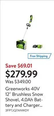 Walmart Greenworks 40v 12 brushless snow shovel, 4.0ah battery and charger included offer