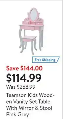 Walmart Teamson kids wooden vanity set table with mirror & stool pink grey offer